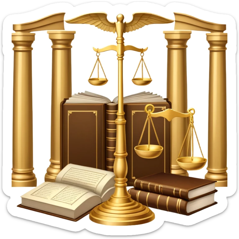 An icon featuring scales of justice, a gavel, and a legal book, symbolizing the study of law. The design includes courthouse pillars in the background, representing authority and legal systems. Transparent background highlights the principles of justice, order, and legal education. sticker