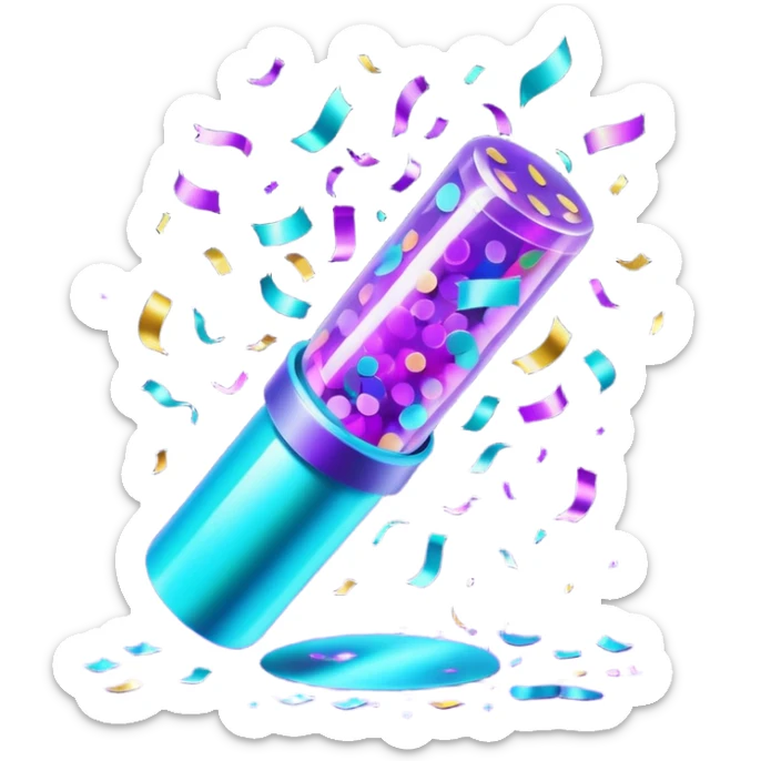 Futuristic glowing confetti popper emoji, holographic purple and cyan colors, emitting confetti and sparkles, dark background, vibrant celebration atmosphere, no face. sticker