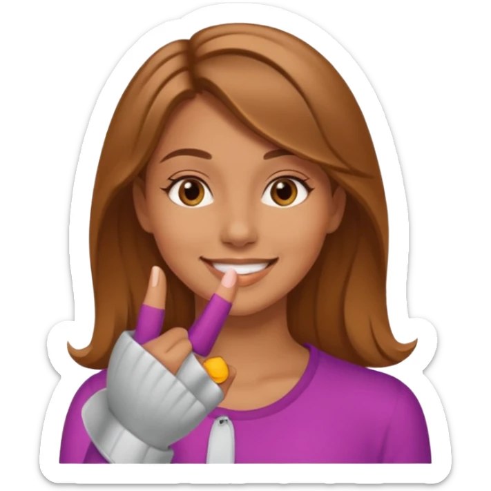 create an emoji of a young woman, tanned face, smile. she is doing a cash with her finger on her mouth to signalise us to stay quiet. sticker