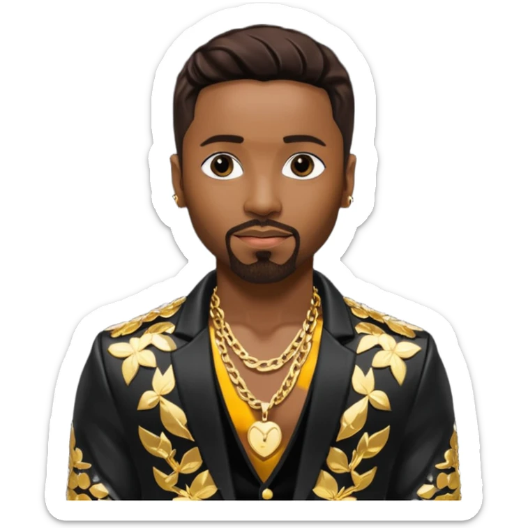 Teddy Riley with dark brown hair, black sequin jacket, shirtless with necklace  sticker