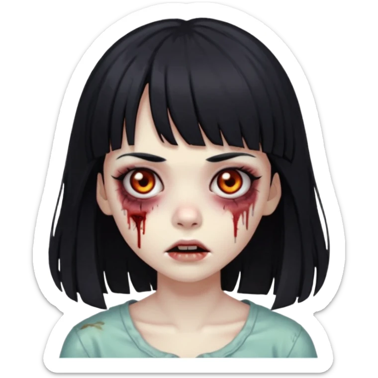 Zombie girl, black hair with bangs, slightly wavy,long hair,long eyelashes, black eyes,iOS style sticker