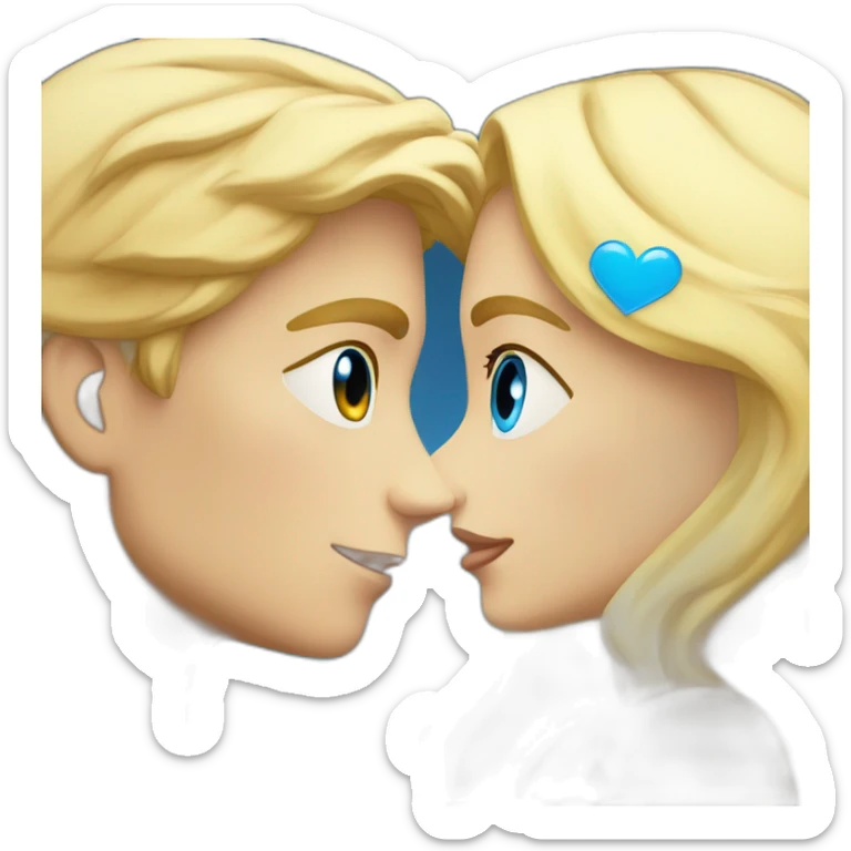 A blond boy with blue eyes who kisses a pretty blonde girl with blues eyes,  with a heart above their heads  sticker
