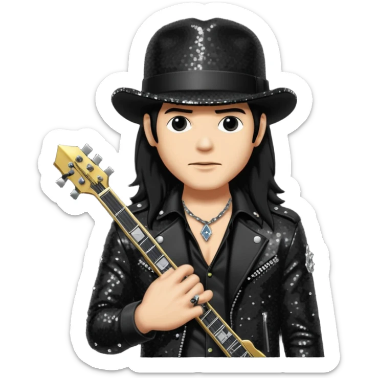 Slash from Gun n Roses with long jet black hair, black sequin outfit sticker
