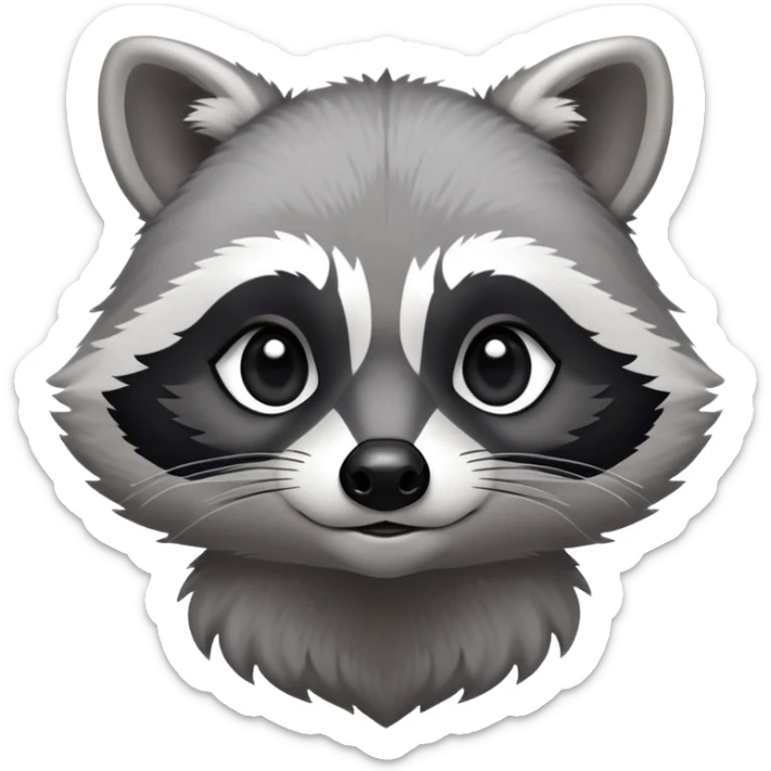 Cinematic-Noble-Raccoon-Portrait-Emoji – Poised and confident, with a sturdy build and a beautifully textured fur of silver-grey accented by dark black facial markings, deep-set, cute big black eyes, simplified yet sharp and sophisticated zoom out to show shoulders sticker
