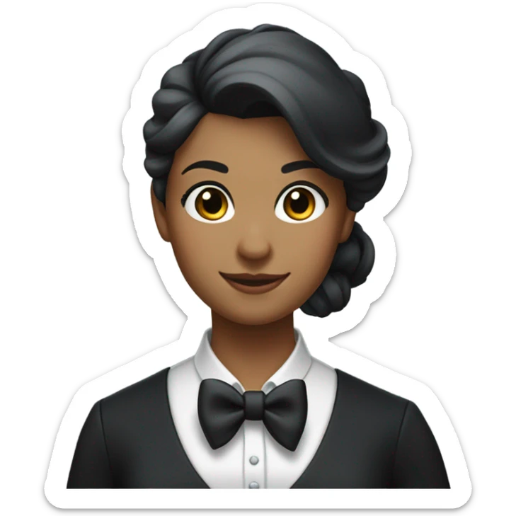 a female butler with a professional and elegant demeanor. She has her hair neatly tied in a ponytail and wears a classic butler uniform, including a tailored vest, crisp white shirt, and bow tie. sticker