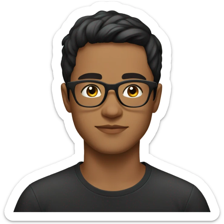 A young man with short black hair and glasses, wearing a black t-shirt with a colorful design, sitting outdoors with a calm expression sticker