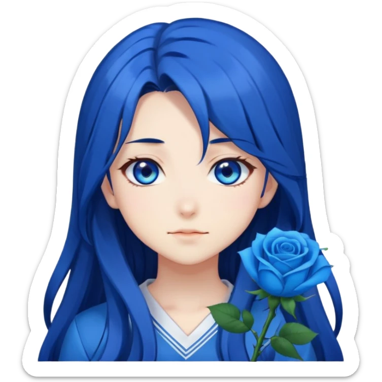 anime girl with long dark blue hair, blue rose in hair, bright blue eyes, cute anime face, anime emoji style sticker