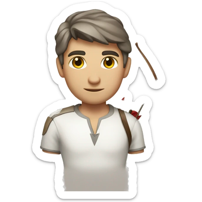a male archer with a bow, wearing a white shirt, very short brown hair, bright skin, only show upper part of the body from waist up sticker