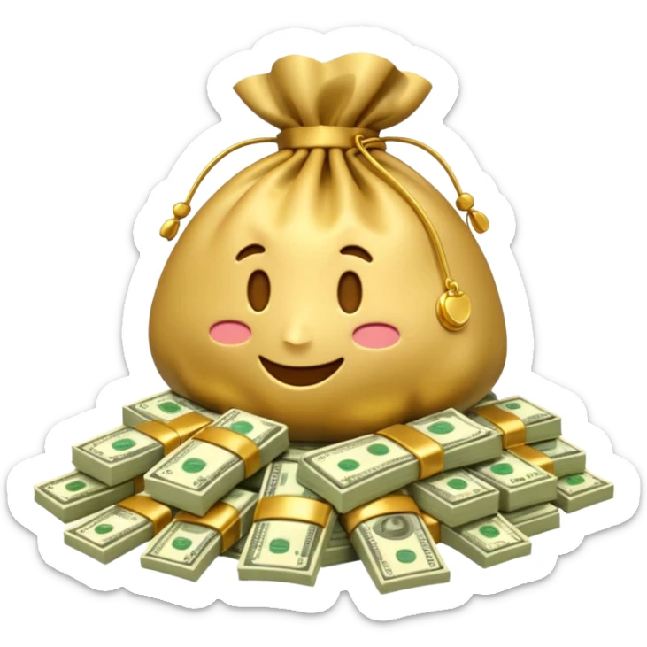 Luxury 3D emoji, overflowing money bag, stacks of cash, premium lighting, rich glossy look, ultra clean, transparent background


 sticker