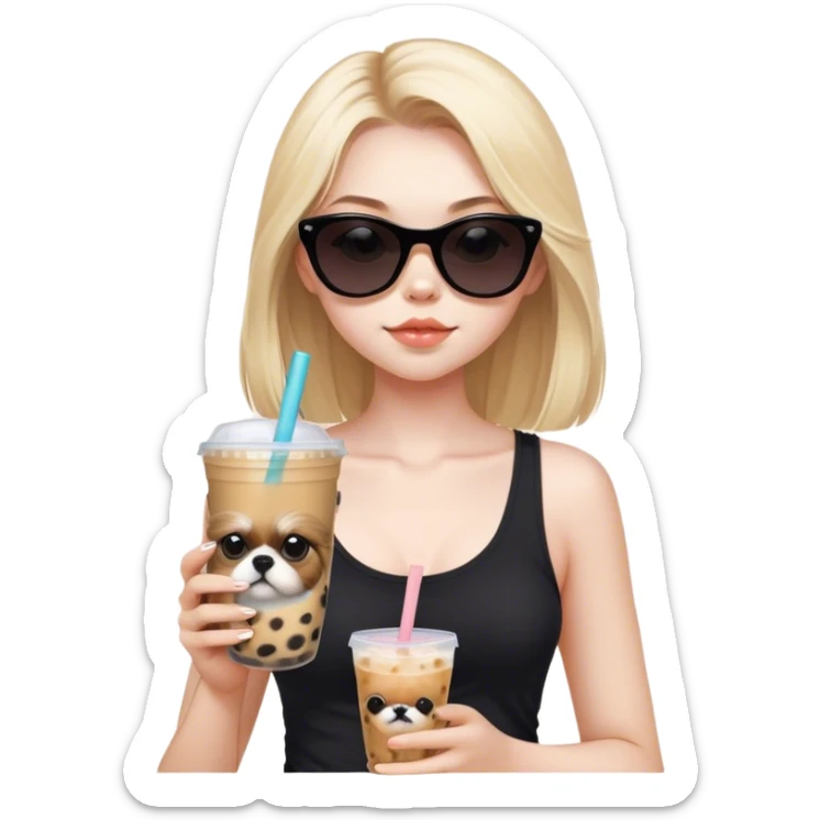 Blonde girl with pale skin and long hair with black cat eye sunglasses in black tank top and boba tea and tan Shih Tzu  sticker
