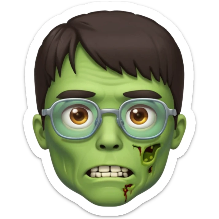 an emoji of a male green zombie with dark brown hair and female bangs that cover your entire forehead and extend to your eyebrows, wearing square, bluish glasses. sticker