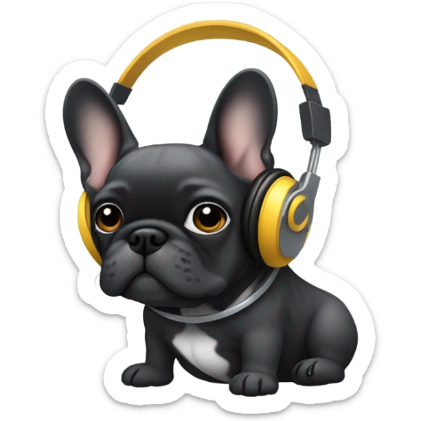 Grey hairs under chin all Black less white Brindle French bulldog wearing headphones sticker