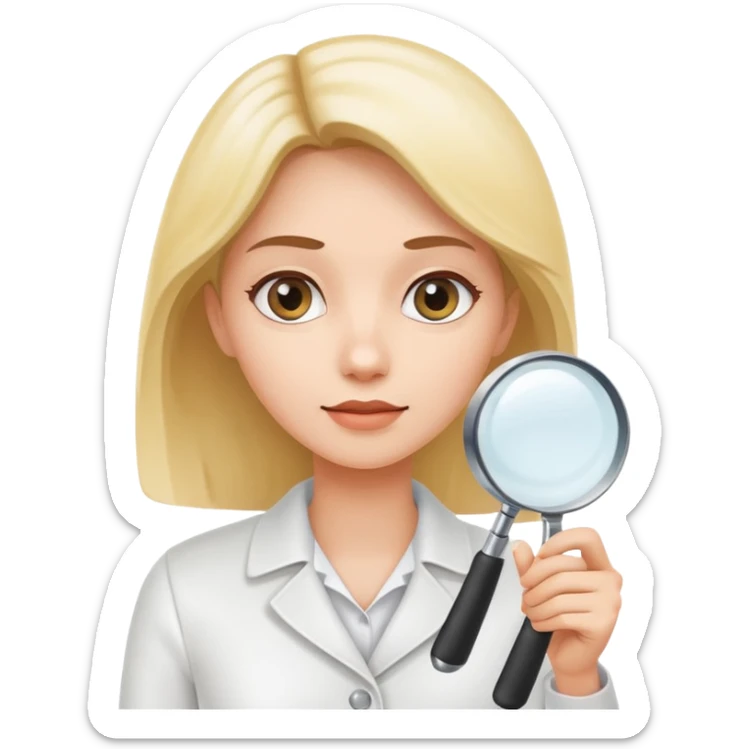 emoji of white empty shelf in perspective view with a woman nearby, she is looking at the shelfs with a magnifying glass sticker