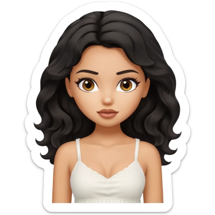 a pretty bratz tan girl with wavy black hair wearing a white cami top. Skintone is tan sticker