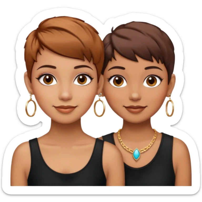 Puerto Rican fair skin straight brown pixie cut hair with hoop earrings make up and my best friend brown  colored pixie cut with jewelry and makeup on her caramel color face besties side-by-side wearing black  sticker