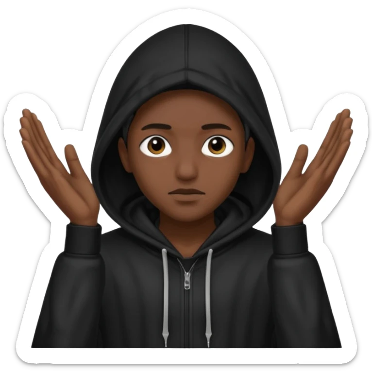 🥷🏽: inspire toi de cet emoji faisant en sorte qu’il est les mains sur les deux côtés de la tête et garde sa cagoule noir avec uniquement ses yeux apparent sticker