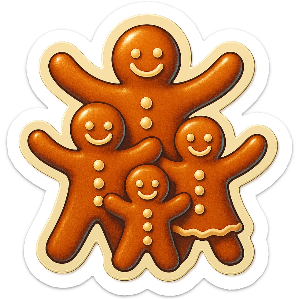 family of gingerbread cookies standing together with arms forming branches like a tree, cute holiday style sticker