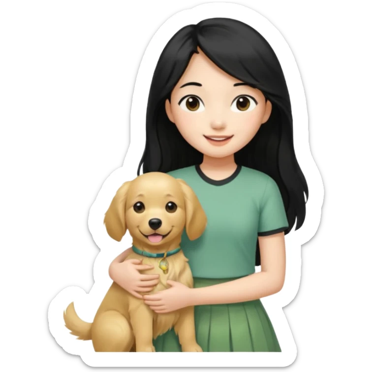 An Asian girl with a fair skin on the upper body, wearing a light green skirt, long and straight black hair, medium parts, slightly curled hair, and a smiling expression. Holding a little golden retriever in his arms sticker