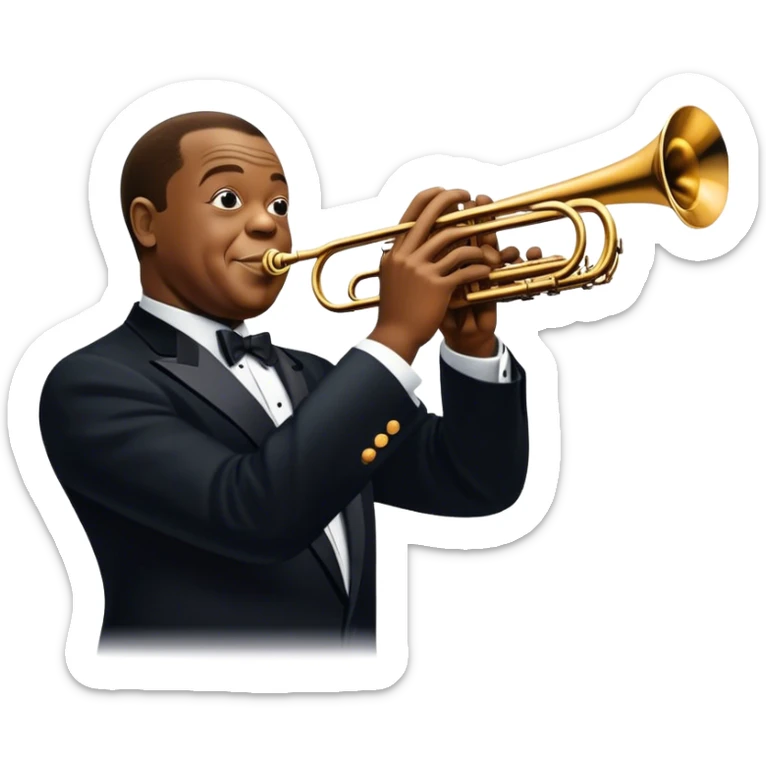 Icon for Jazz Music: collage of Louis Armstrong with his trumpet and Glenn Miller with his orchestra. Silhouettes of musicians, brass instruments, and musical notes. The design should convey the classic, smooth vibe of jazz. Transparent background. sticker