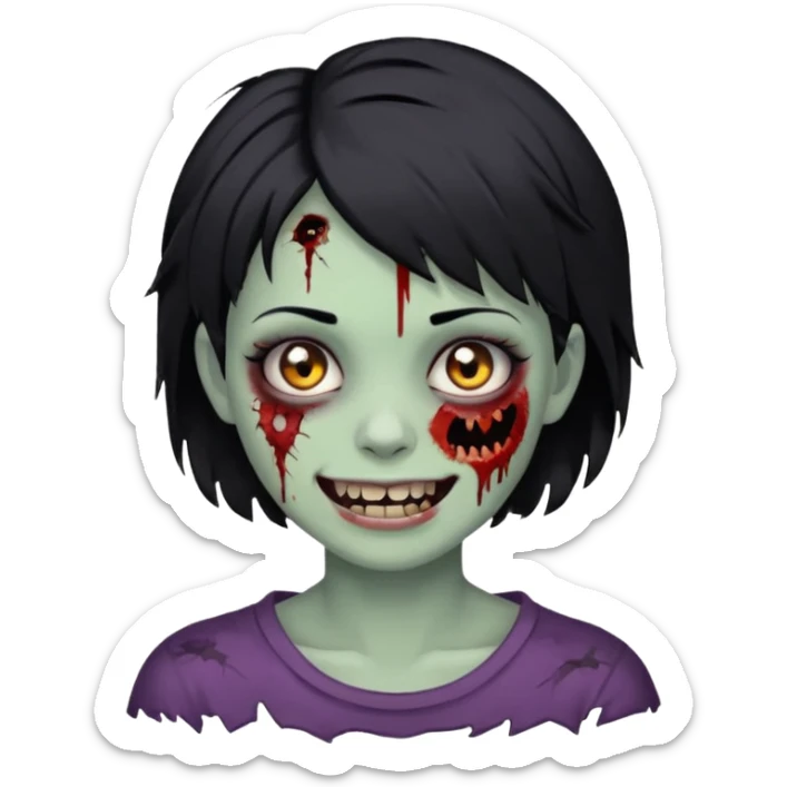 Zombie girl with messy black short hair with lashes and torn cheek and smiling face sticker