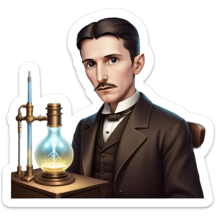 Nikola Tesla – Cinematic Realistic Portrait of Nikola Tesla, depicted as a visionary inventor with intense, thoughtful eyes and period attire, surrounded by subtle arcs of electric light and early laboratory apparatus, rendered with dramatic lighting that evokes mystery and innovation. sticker