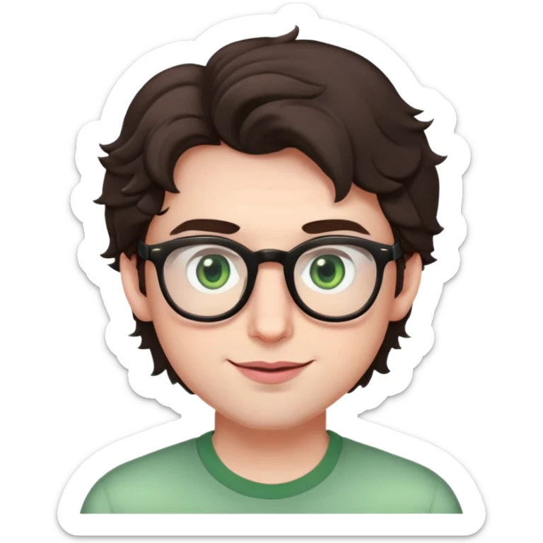 Young man with slightly curled dark brown poofy hair, green eyes wearing glasses, wide face with eyes set apart, bigger ears, very pale skin, slightly bigger nose, fuller darker pink lips with a smile, and very light stubble sticker