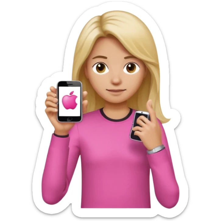 person wearing a pink long sleeve shirt, loose hair, wearing a watch on the arm, holding a cellphone in hand, apple emoji style sticker