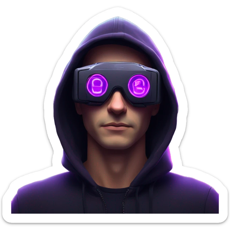 Russian man wearing a black hoodie with "OMG" letters on it and VR headset in a cyberpunk VR environment with violet neon lighting. sticker