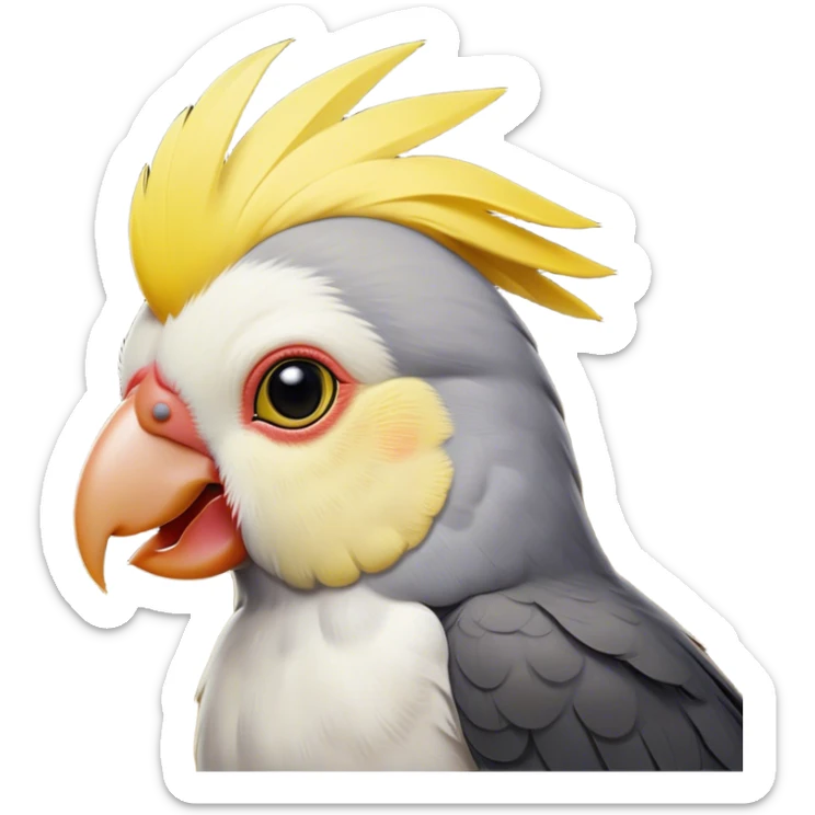 Cinematic Noble Cockatiel Portrait Emoji, Poised and regal, with a slender, delicate build and a beautifully groomed grey fur accented by vibrant yellow cheek patches and a graceful crest, deep-set soulful dark eyes, Simplified yet sharp and sophisticated features, highly detailed, glowing with a soft, dignified glow, high shine, intelligent and charming, stylized with an air of elegance, focused and attentive, soft glowing outline, capturing the essence of a watchful and confident avian companion, so majestic it feels as though it could flutter out of the screen with effortless authority! sticker