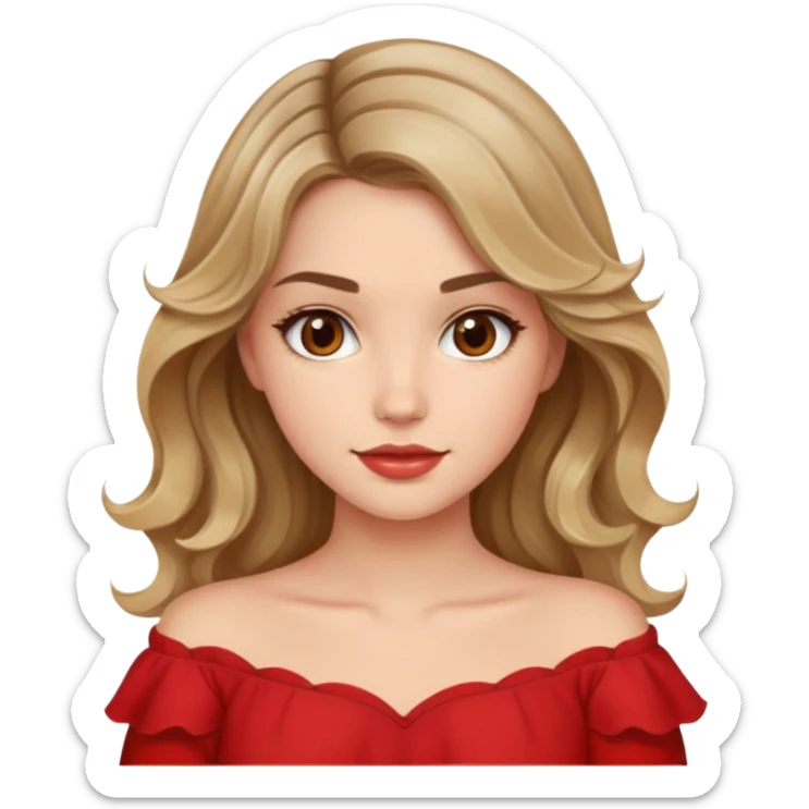 a beautiful girl with wavy and dark blond hair and her eyes are brown. The girl from once has a beautiful red blouse in which from the shoulders starts  sticker