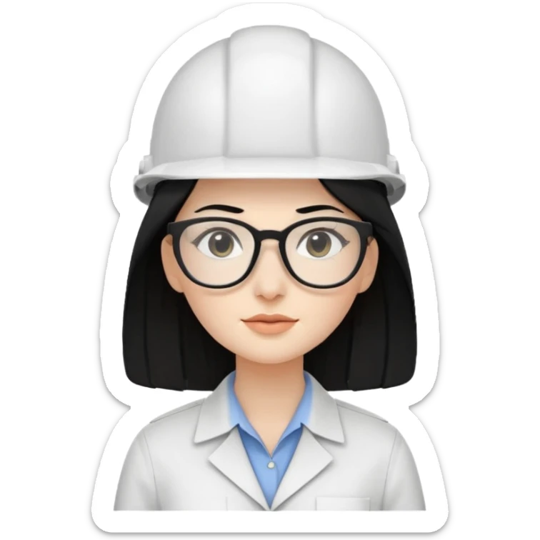A woman with long, straight black hair, wearing glasses and a white architect's helmet sticker