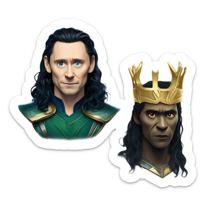 Loki with tom Hiddleston face ,black rawen hair bit wawy,mid hair, blue skin tone with some depper blue wains and accident looking symbols not much noticable like In Thor 1 when Loki turns into a frost giant ,gold crown with horns sticker