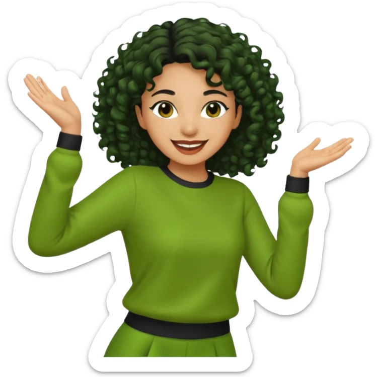 a woman with olive skin tone and curly black hair wearing green and dancing sticker