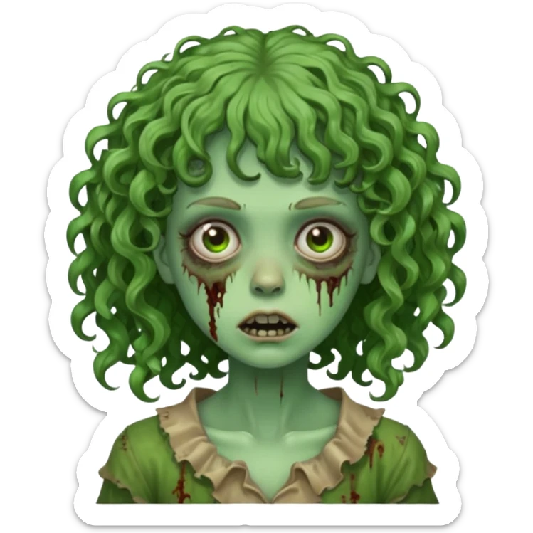 Green zombie emoji girl with curly hair, with curly bangs sticker