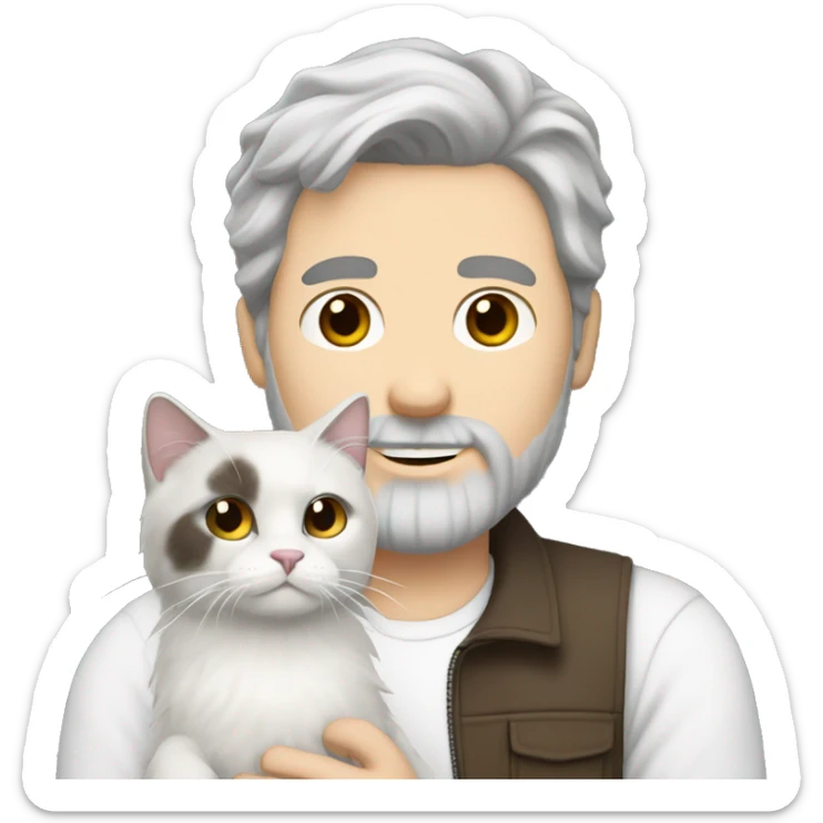 White men with mix of dark brown and grey hair and beard holding white ragdoll cat sticker