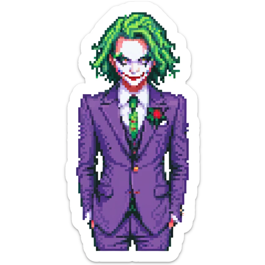 The Joker villain full body with green hair, purple suit, white face, red lips sticker