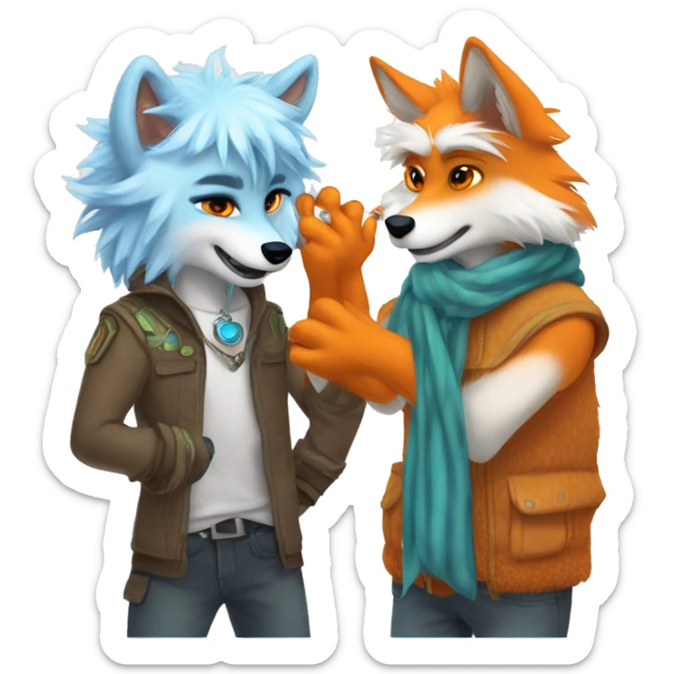 Male wolf furry getting patted on the head by a Male lizard-fox hybrid furry with orange fur interspersed with shimmering orange scales, lizard nose, icy blue eyes, white emo Hair sticker