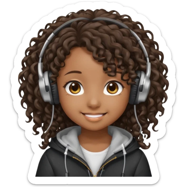 chibi anime black girl long curly hair smiling with head phones on sticker