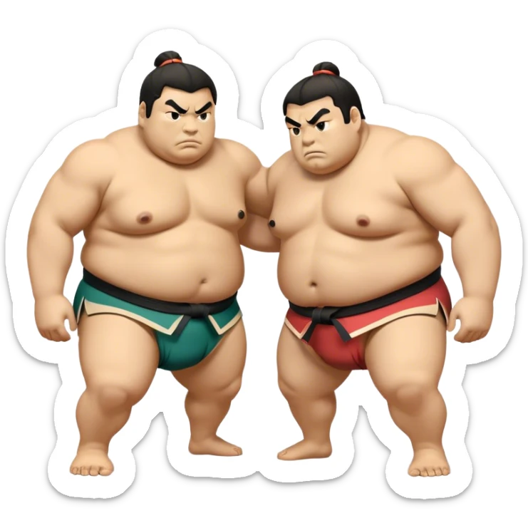 Cinematic Realistic Sumo Wrestling Emoji, depicted as an intense sumo match featuring powerful wrestlers in traditional mawashi, rendered with rich textures and dynamic dramatic lighting that captures the raw intensity of the sport. sticker