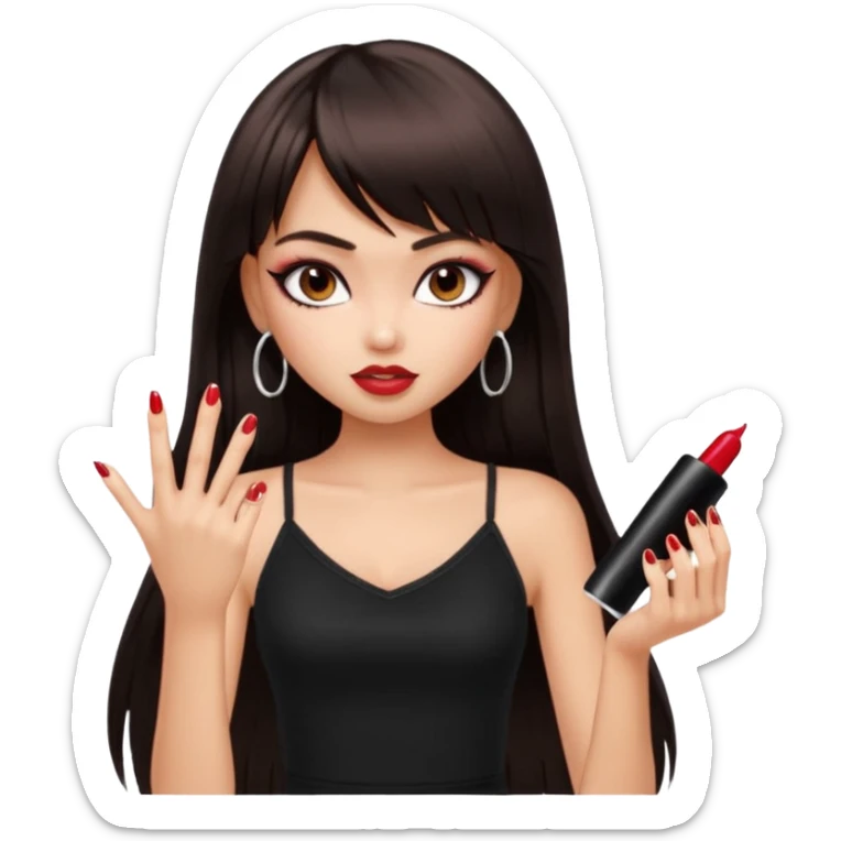 generate a pretty bratz girl in black cami top, dark brown straight long hair with bangs, eyeliner on, getting her nails done sticker