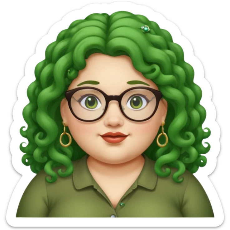  glassess and green curly long haired fat girl earrings sticker
