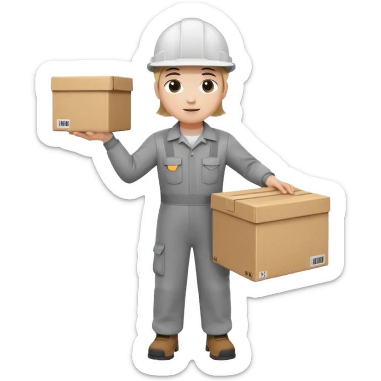 Tengo que dar una capacitacion de orgonomia, necesito un emoji de un operario con casco blanco y buzo gris de manga larga que levante una caja cerrada con las dos manos a la altura de los hombros y que tenga cara de esfuerzo fisico. Que no este saludando, las dos manos sosteniendo la caja sticker