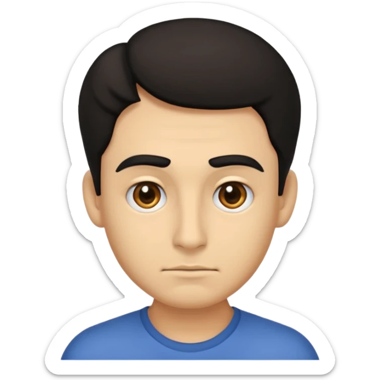 emoji a medio cuerpo hasta la cintura, hombros anchos, de un hombre, con cejas gruesas inclinadas hacia abajo, nariz medio grande, hombros anchos, sin sonrisa, hombros anchos, cabello ondulado con un corte adolecente, cabello negro. ojos negros. sticker