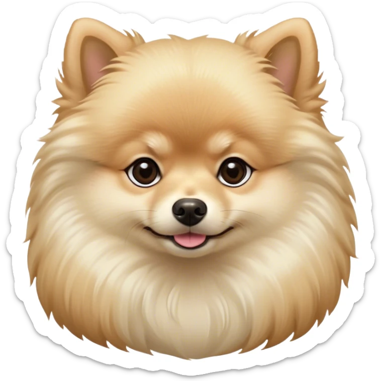 Cinematic Noble Cream Pomeranian Portrait Emoji, Poised and regal, with a compact, fluffy build and a pristine, well-groomed cream Fur, deep-set soulful dark eyes, Simplified yet sharp and sophisticated features, highly detailed, glowing with a soft, dignified glow, high shine, intelligent and spirited, stylized with an air of elegance, focused and attentive, soft glowing outline, capturing the essence of a watchful and confident companion, so majestic it feels as though it could prance out of the screen with effortless authority! sticker