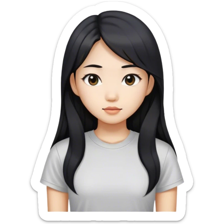 an asian girl with straight black and long hair, slight waves, tshirt sticker