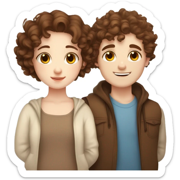 Cute chubby Girl with brown curly hair and blue eyes and pale skin with freckles hugging a tall handsome boy with brown hair brown eyes and white skin sticker