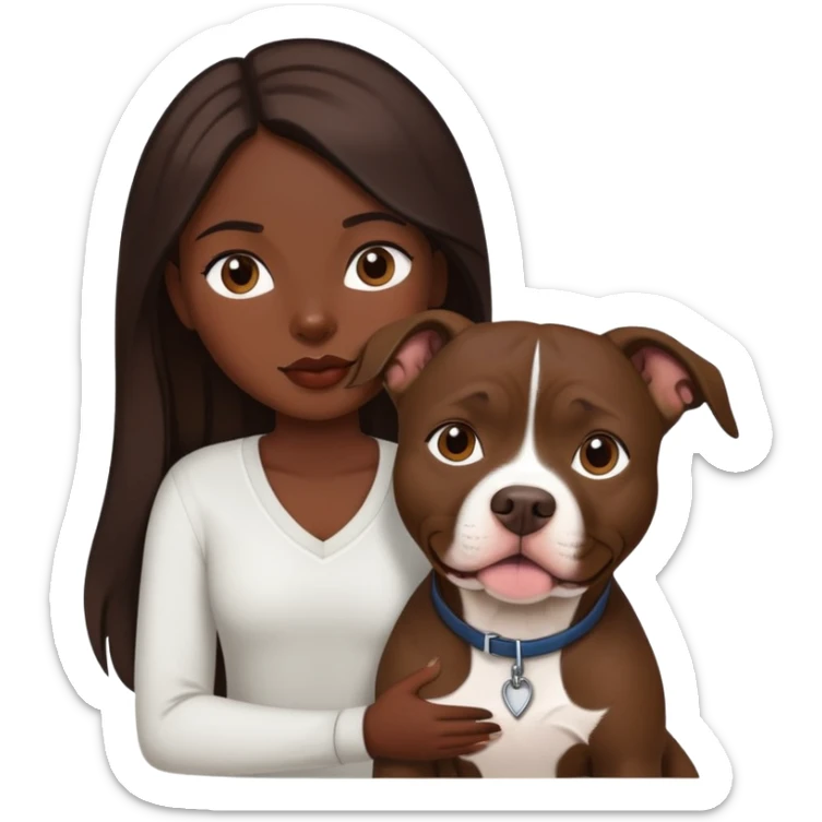 girl with dark brown long hair with her pitbull dog brown and white sticker