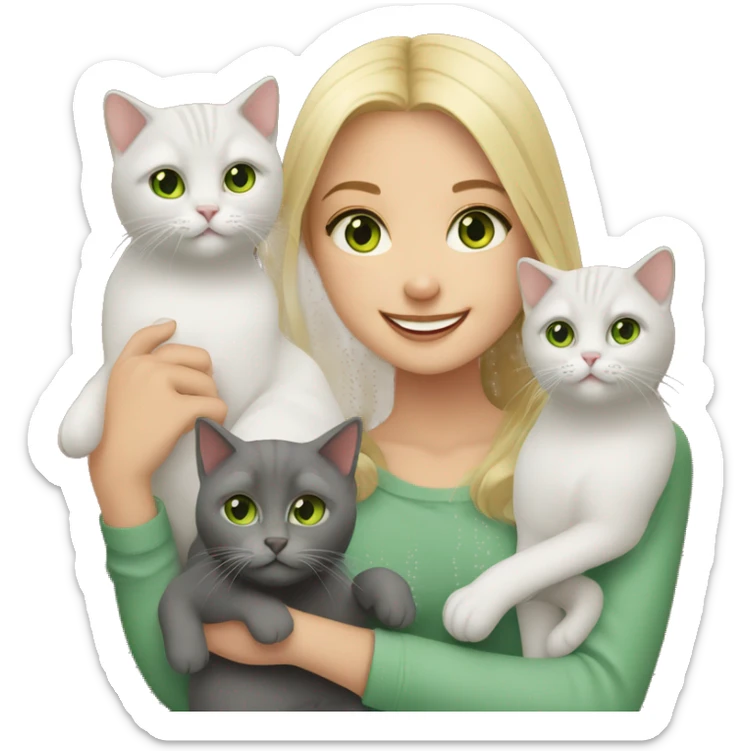 Me( blond girl with green eyes) smiling and holding British shorthair cats sticker