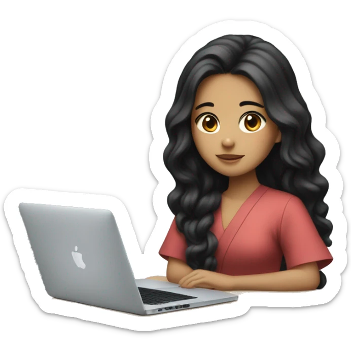 Japanese girl with long wavy  black hair sitting with a macbook show halfbody only sticker