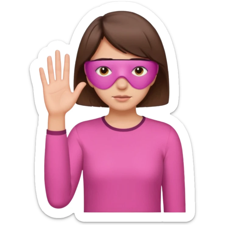 Woman with short brown hair and a pink shirt covering her face with her hand  sticker